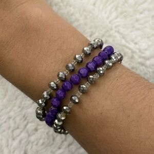 Purple and Silver Beaded Bracelet Set